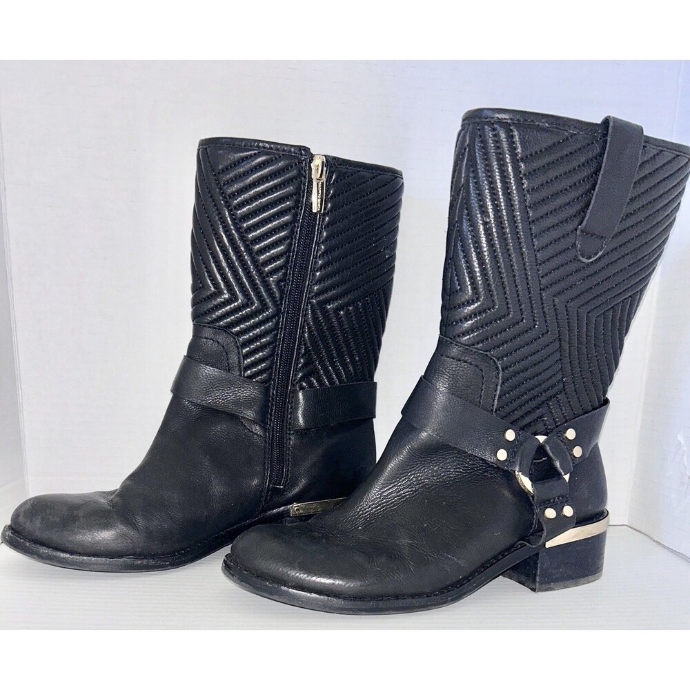 Moto Boots Women's Size 8.5 Black Quilted Leather Side Zip Vince Camuto - Picture 2 of 15